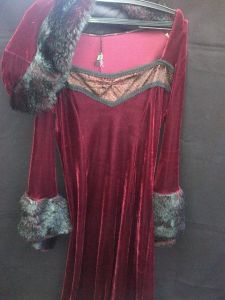 Adult Female Costumes to Hire - Medieval-Wine red velvet dress with fur & hood